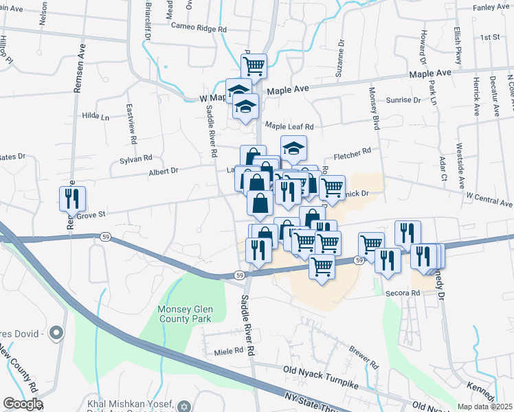 map of restaurants, bars, coffee shops, grocery stores, and more near in Monsey