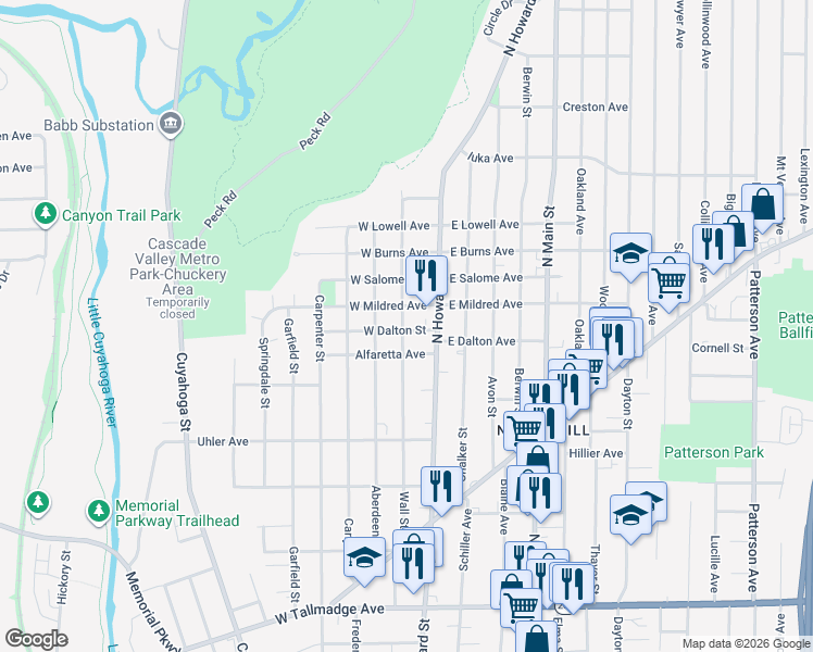 map of restaurants, bars, coffee shops, grocery stores, and more near 31 W Dalton St in Akron