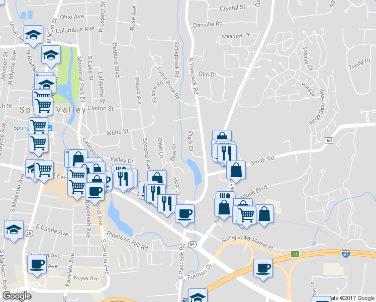 map of restaurants, bars, coffee shops, grocery stores, and more near 12 Clark Drive in Nanuet
