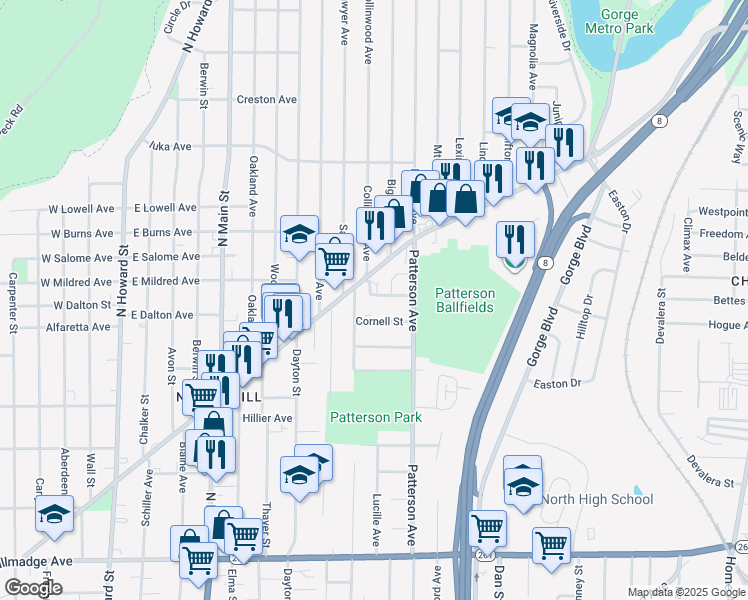 map of restaurants, bars, coffee shops, grocery stores, and more near 306 Boyle Street in Akron