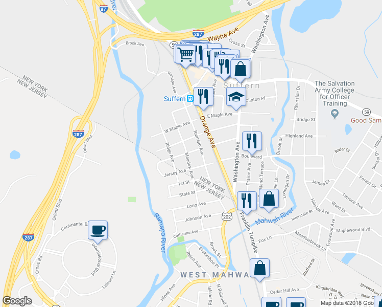 map of restaurants, bars, coffee shops, grocery stores, and more near 25 Oak Terrace in Suffern