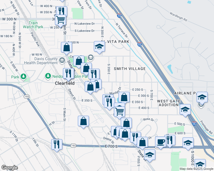 map of restaurants, bars, coffee shops, grocery stores, and more near 348 East 200 South in Clearfield