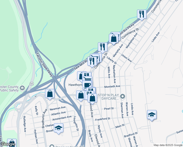 map of restaurants, bars, coffee shops, grocery stores, and more near 444 Elwood Avenue in Hawthorne