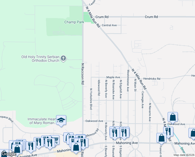 map of restaurants, bars, coffee shops, grocery stores, and more near 294 Idlewood Road in Youngstown
