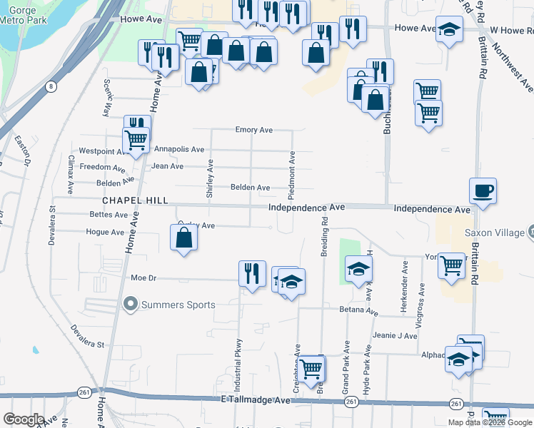 map of restaurants, bars, coffee shops, grocery stores, and more near 996 Independence Ave in Akron
