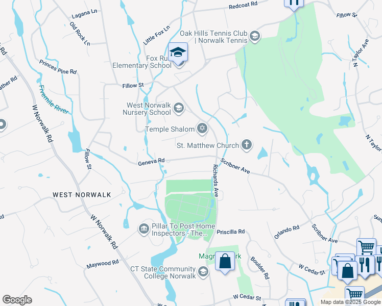 map of restaurants, bars, coffee shops, grocery stores, and more near 10 Geneva Road in Norwalk