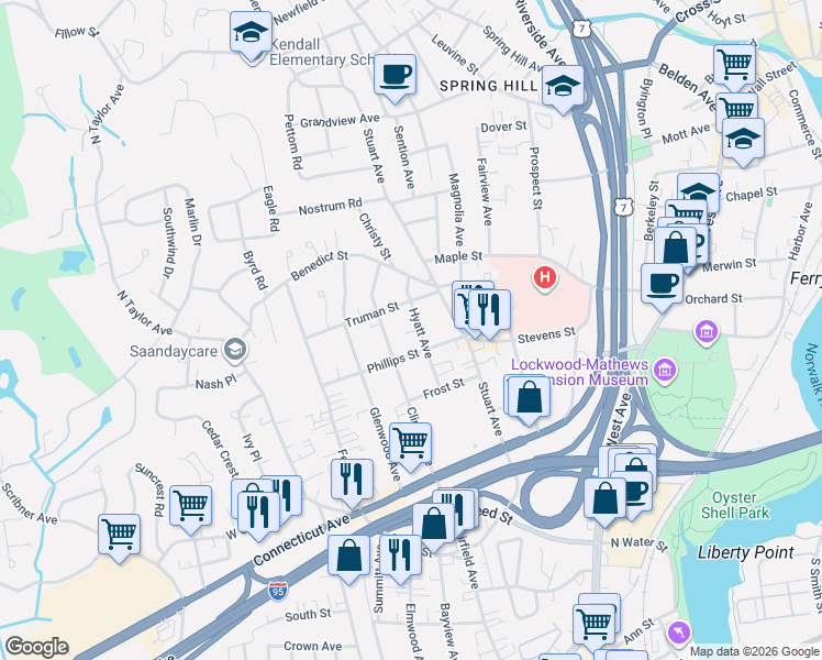 map of restaurants, bars, coffee shops, grocery stores, and more near 24 Hyatt Avenue in Norwalk