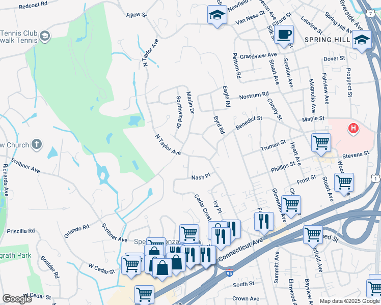 map of restaurants, bars, coffee shops, grocery stores, and more near 92 North Taylor Avenue in Norwalk