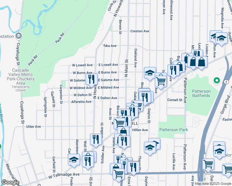map of restaurants, bars, coffee shops, grocery stores, and more near 924 Berwin St in Akron