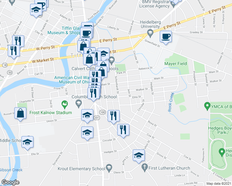 map of restaurants, bars, coffee shops, grocery stores, and more near 90 Schonhardt Street in Tiffin