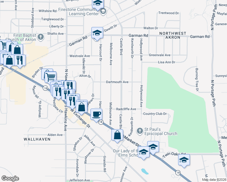 map of restaurants, bars, coffee shops, grocery stores, and more near 141 Melbourne Avenue in Akron