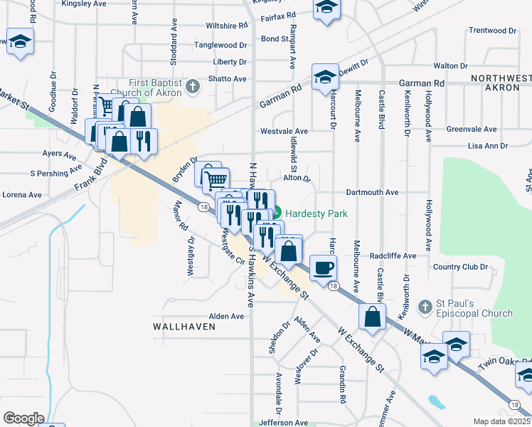 map of restaurants, bars, coffee shops, grocery stores, and more near 58 Wallhaven Drive in Akron
