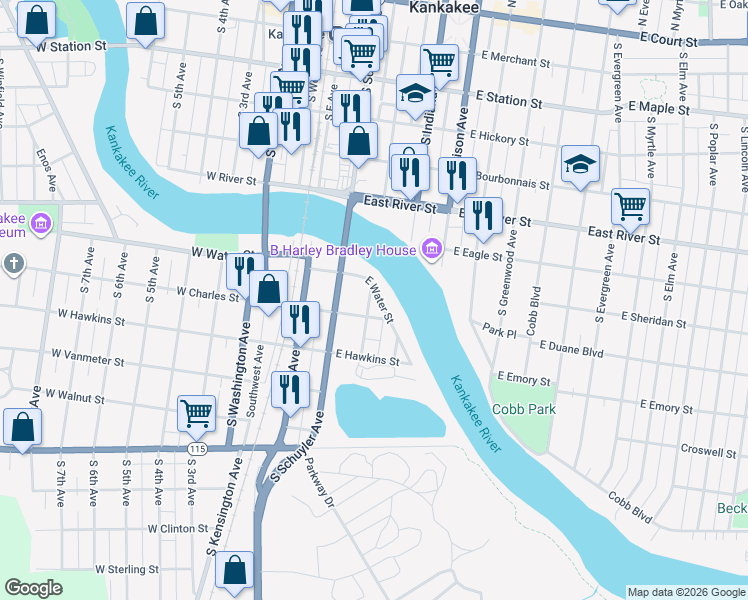 map of restaurants, bars, coffee shops, grocery stores, and more near 344 East Water Street in Kankakee