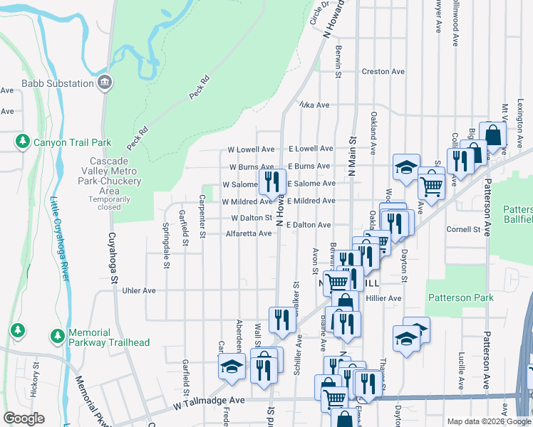 map of restaurants, bars, coffee shops, grocery stores, and more near 31 West Dalton Street in Akron
