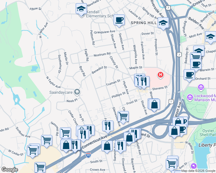 map of restaurants, bars, coffee shops, grocery stores, and more near 66 Glenwood Avenue in Norwalk