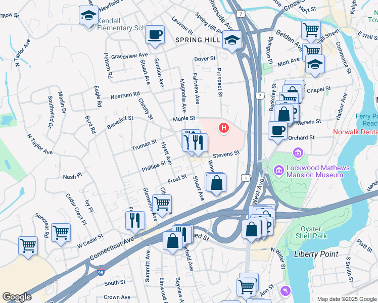 map of restaurants, bars, coffee shops, grocery stores, and more near 5 Magnolia Avenue in Norwalk