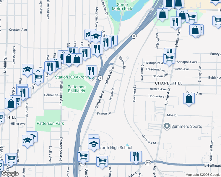 map of restaurants, bars, coffee shops, grocery stores, and more near 1234 Hilltop Dr in Akron