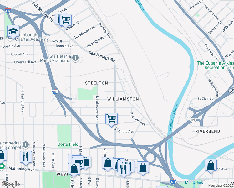 map of restaurants, bars, coffee shops, grocery stores, and more near 1507 Butler Avenue in Youngstown