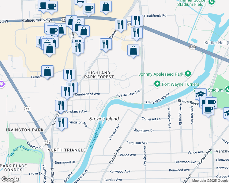 map of restaurants, bars, coffee shops, grocery stores, and more near 3555 Spy Run Avenue Exd in Fort Wayne