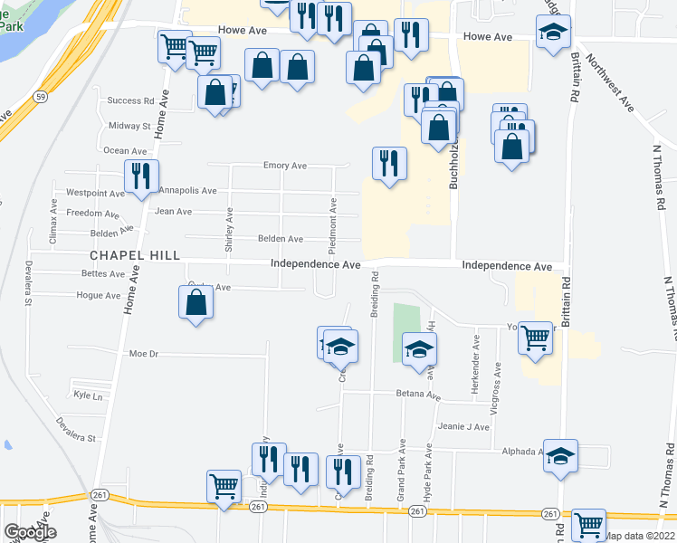 map of restaurants, bars, coffee shops, grocery stores, and more near 1044 Independence Avenue in Akron