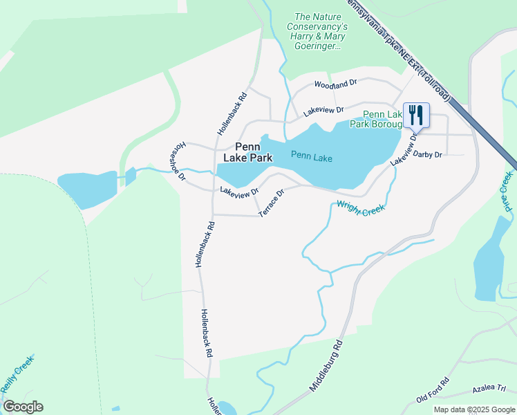 map of restaurants, bars, coffee shops, grocery stores, and more near Oak Drive in Penn Lake Park
