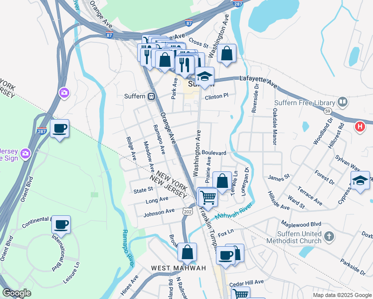 map of restaurants, bars, coffee shops, grocery stores, and more near 174 Orange Avenue in Suffern