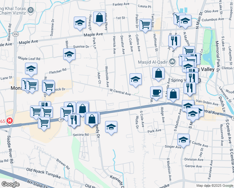 map of restaurants, bars, coffee shops, grocery stores, and more near 485 West Central Avenue in Spring Valley