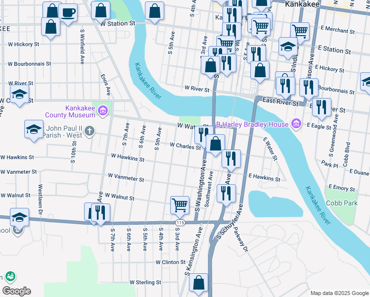 map of restaurants, bars, coffee shops, grocery stores, and more near 909 South 3rd Avenue in Kankakee