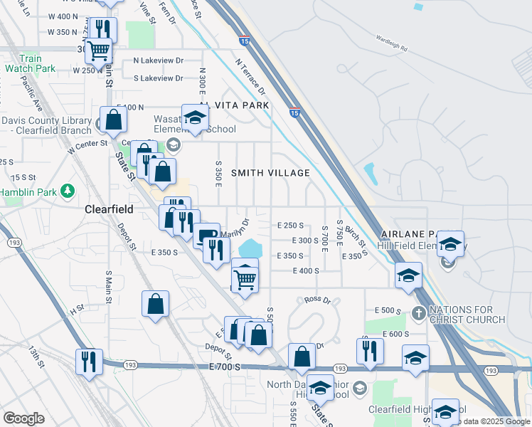 map of restaurants, bars, coffee shops, grocery stores, and more near 248 South 500 East in Clearfield