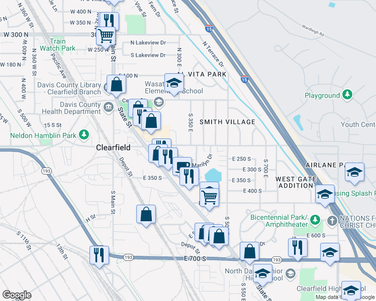 map of restaurants, bars, coffee shops, grocery stores, and more near 265 Marilyn Drive in Clearfield