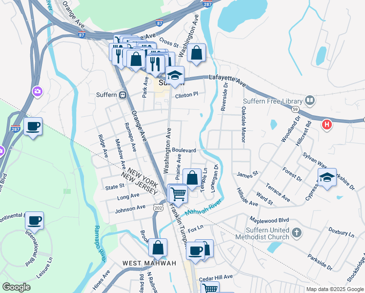 map of restaurants, bars, coffee shops, grocery stores, and more near 12 Boulevard in Suffern
