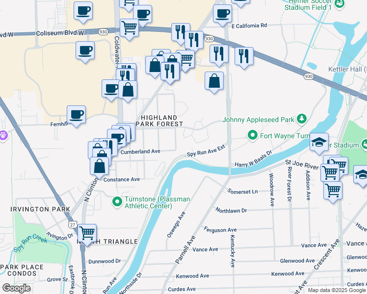 map of restaurants, bars, coffee shops, grocery stores, and more near 3555 Spy Run Ave Exd in Fort Wayne