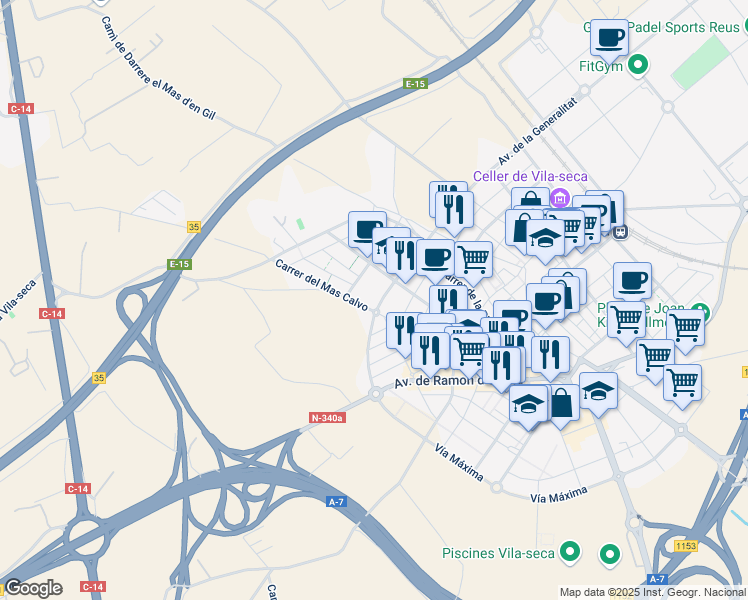 map of restaurants, bars, coffee shops, grocery stores, and more near 1 Avinguda de la Generalitat in Vila-seca