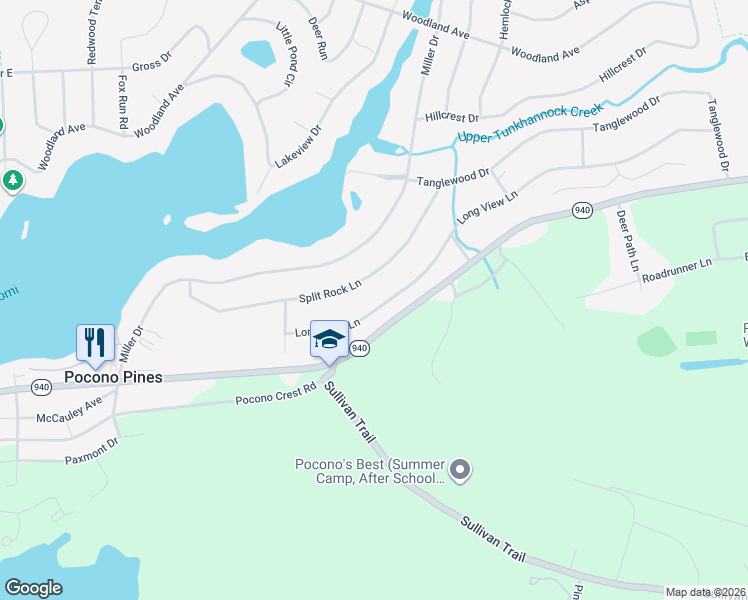 map of restaurants, bars, coffee shops, grocery stores, and more near 14 Long View Ln in Pocono Pines
