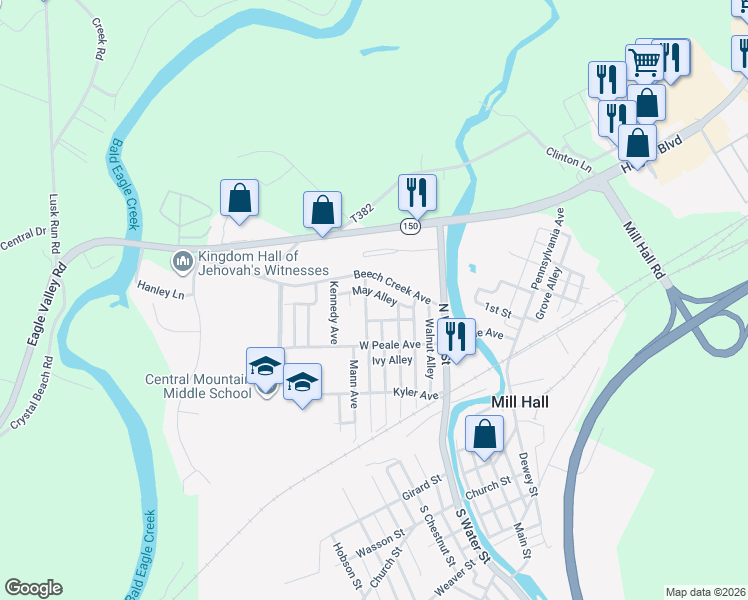 map of restaurants, bars, coffee shops, grocery stores, and more near May Alley in Mill Hall