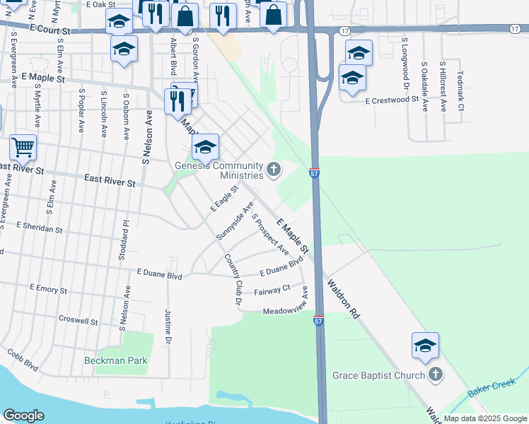 map of restaurants, bars, coffee shops, grocery stores, and more near 2135 E Maple St in Kankakee