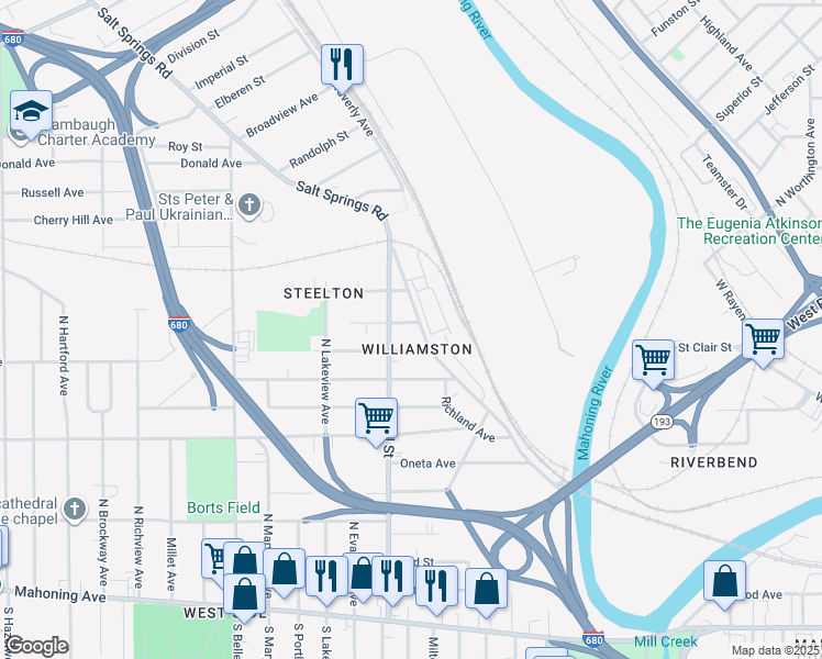 map of restaurants, bars, coffee shops, grocery stores, and more near 1507 Butler Avenue in Youngstown
