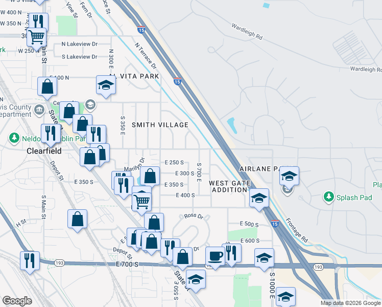 map of restaurants, bars, coffee shops, grocery stores, and more near 624 East 200 South in Clearfield