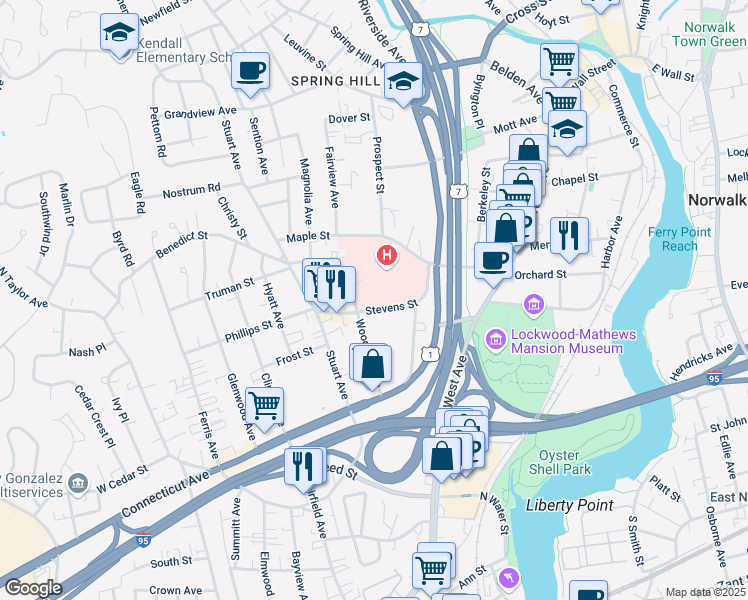 map of restaurants, bars, coffee shops, grocery stores, and more near 30 Stevens Street in Norwalk