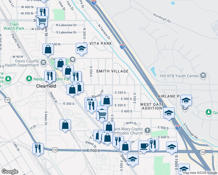 map of restaurants, bars, coffee shops, grocery stores, and more near 488 East 200 South in Clearfield