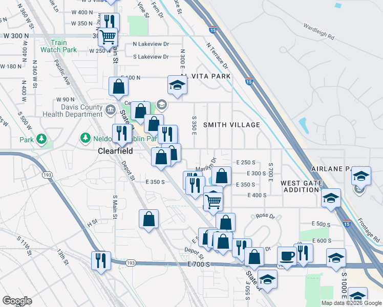 map of restaurants, bars, coffee shops, grocery stores, and more near 265 Marilyn Drive in Clearfield