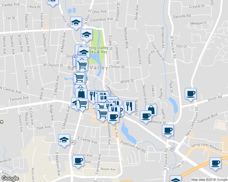 map of restaurants, bars, coffee shops, grocery stores, and more near 4 Wood Street in Spring Valley