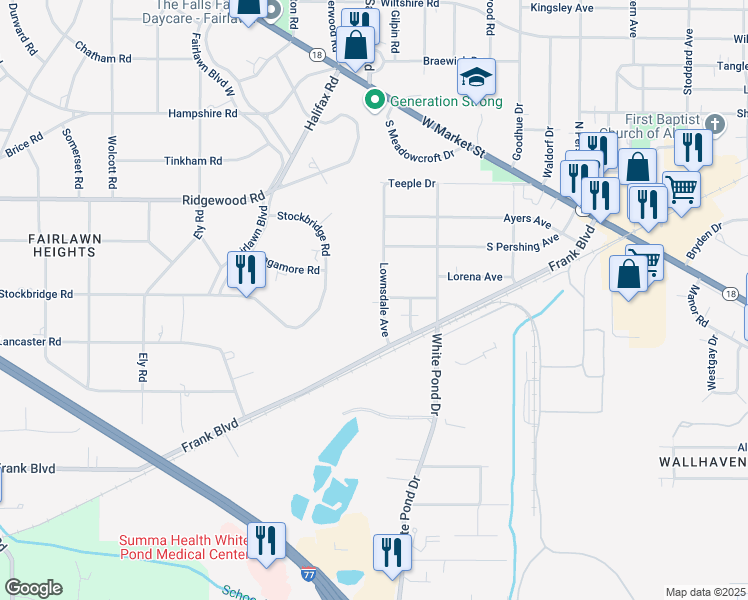 map of restaurants, bars, coffee shops, grocery stores, and more near 240 Lownsdale Avenue in Akron