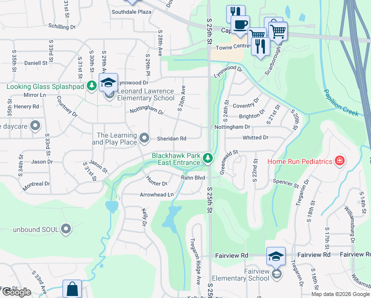 map of restaurants, bars, coffee shops, grocery stores, and more near 2604 Blackhawk Drive in Bellevue