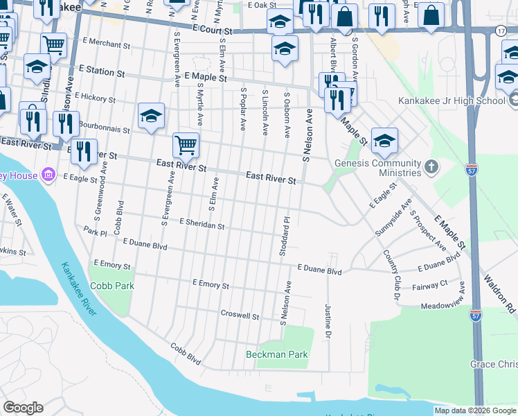 map of restaurants, bars, coffee shops, grocery stores, and more near 729 South Lincoln Avenue in Kankakee