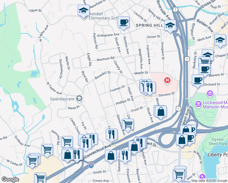map of restaurants, bars, coffee shops, grocery stores, and more near 66 Glenwood Avenue in Norwalk