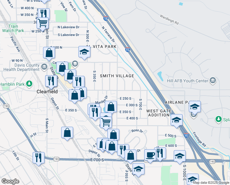 map of restaurants, bars, coffee shops, grocery stores, and more near 248 South 500 East in Clearfield