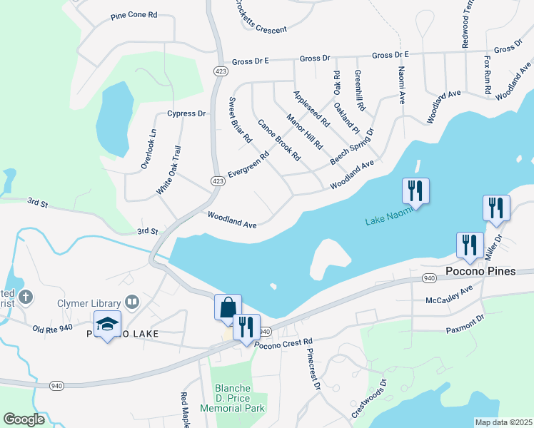 map of restaurants, bars, coffee shops, grocery stores, and more near 5149 Woodland Avenue in Pocono Pines