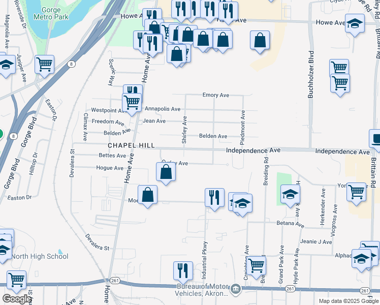 map of restaurants, bars, coffee shops, grocery stores, and more near 922 Independence Avenue in Akron