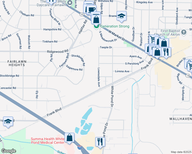 map of restaurants, bars, coffee shops, grocery stores, and more near 240 Lownsdale Avenue in Akron